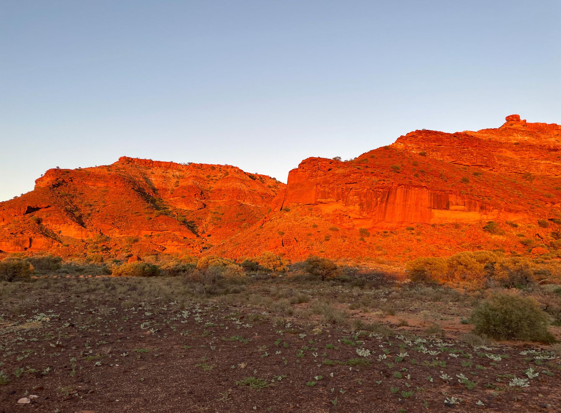 Golden sunrise casting an orange glow over the Kennedy Ranges, highlighting the textures and colours of the rugged outback terrain in Western Australia.