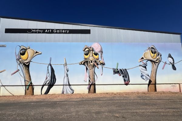 Colourful exterior of the John Murray Art Gallery in Lightning Ridge, NSW, showcasing the artist's distinctive Australian outback style.