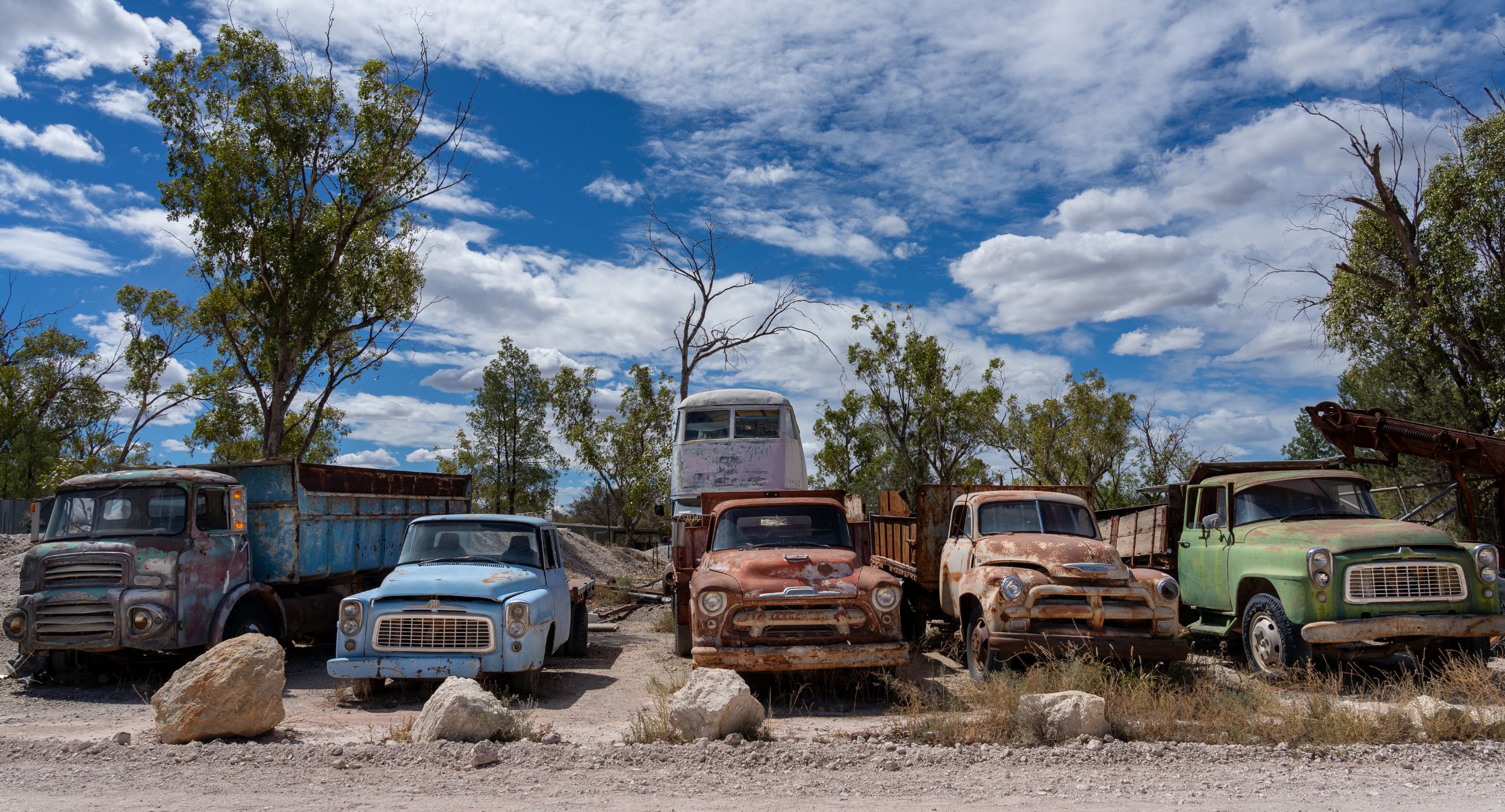Vintage cars and old trucks displayed at the Sheepyard Inn, Grawin Opal Fields, NSW - Pub in the Scrub