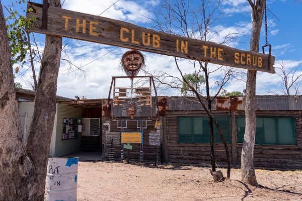 Front entrance of Club in the Scrub, Grawin NSW, a rustic outback pub and gathering place near Lightning Ridge’s opal fields